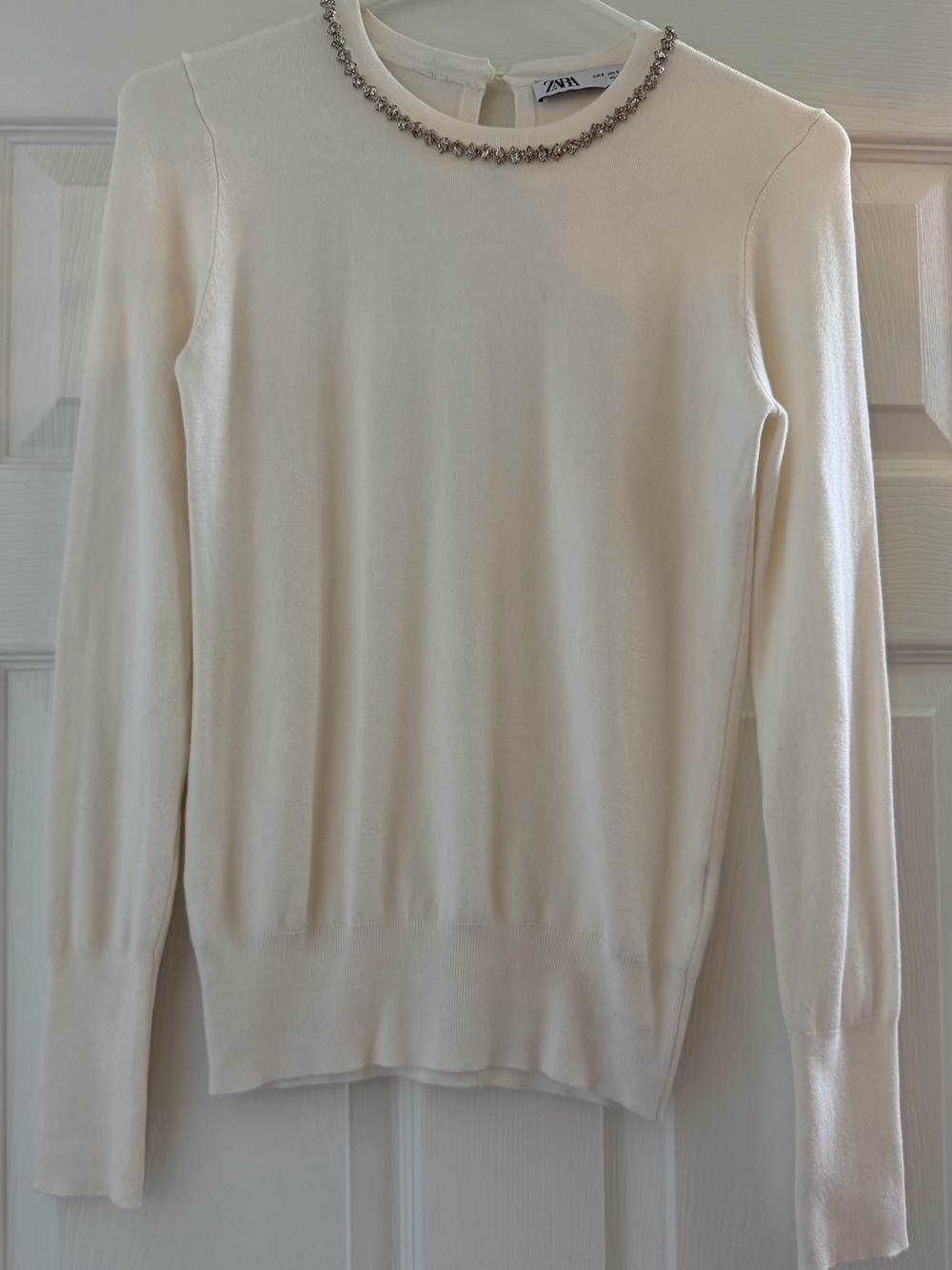 Zara Off White Rhinestone Crystal Embellished Neck Top Size Small EUC